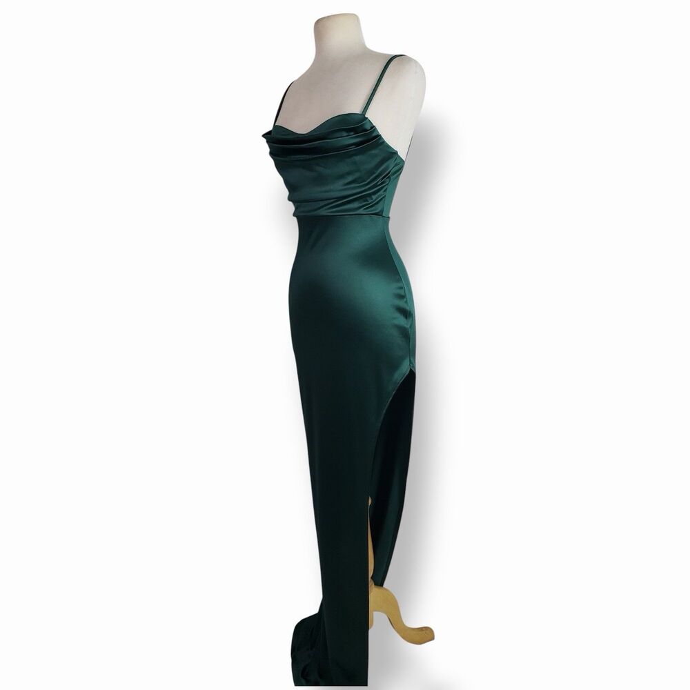 Windsor Lola High Slit Satin Formal Evening Gown Emerald Hunter Green Medium - Picture 5 of 10